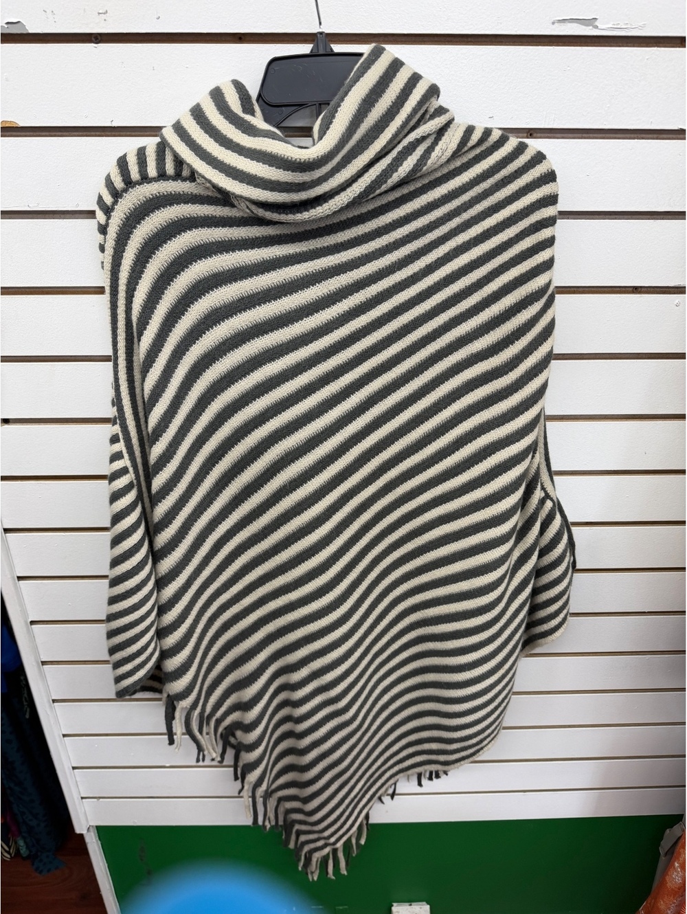 Gray & Cream Striped Knit Cowl Neck Poncho Sweater Fringe One Size